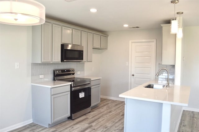 kitchen with visible vents, appliances with stainless steel finishes, gray cabinetry, and a sink