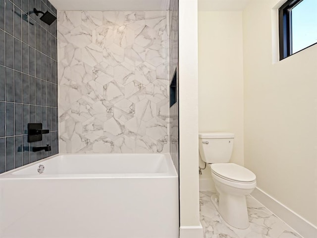 full bathroom with toilet, baseboards, and marble finish floor