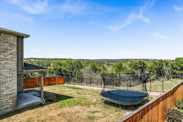 view of yard with a trampoline and a fenced backyard