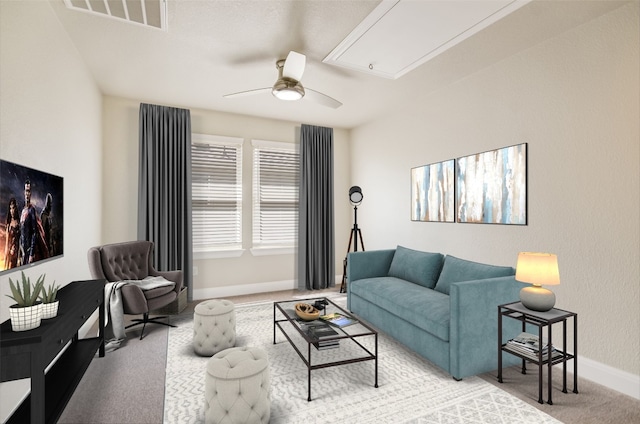 5300 Traviston Dr, Austin, TX 78738 - living area featuring attic access, carpet floors, baseboards, and ceiling fan