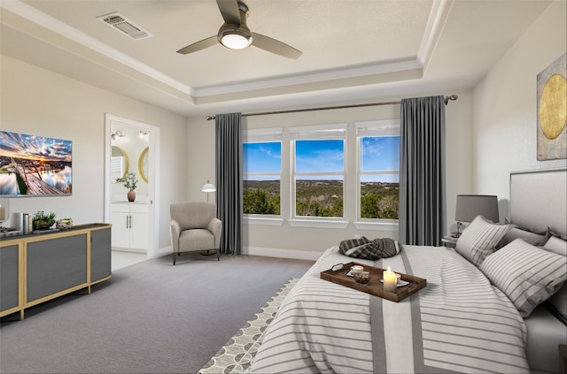 5300 Traviston Dr, Austin, TX 78738 - carpeted bedroom featuring a raised ceiling, ensuite bath, ceiling fan, and baseboards