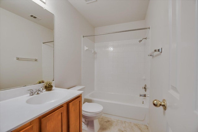 full bathroom with visible vents, toilet, bathtub / shower combination, and vanity