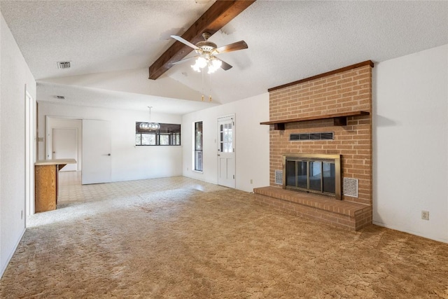 unfurnished living room featuring visible vents, a brick fireplace, lofted ceiling with beams, carpet flooring, and a ceiling fan