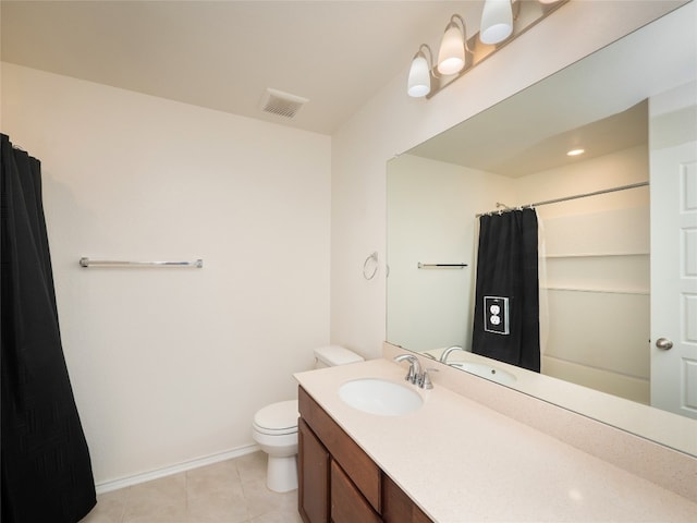 bathroom with vanity, visible vents, tile patterned flooring, curtained shower, and toilet