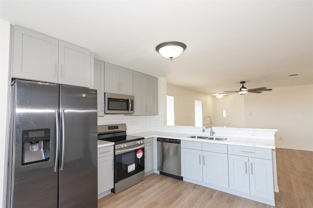 kitchen featuring a peninsula, a sink, stainless steel appliances, light countertops, and backsplash