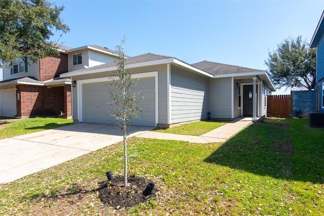 view of front of house featuring brick siding, a front lawn, fence, concrete driveway, and a garage