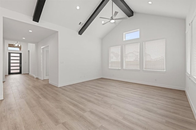 unfurnished living room featuring a ceiling fan, baseboards, high vaulted ceiling, light wood-style flooring, and beamed ceiling