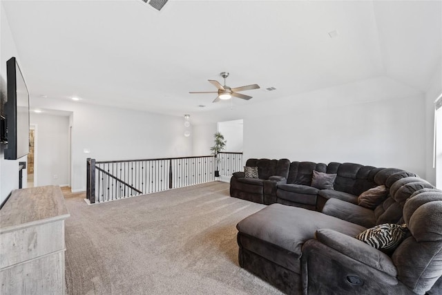 living area with carpet, recessed lighting, a ceiling fan, and visible vents