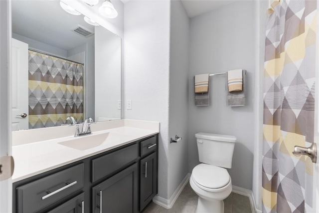 full bathroom with tile patterned floors, visible vents, toilet, baseboards, and vanity