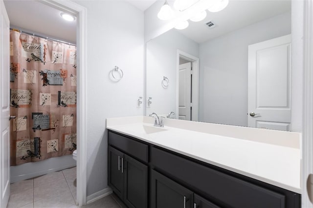 full bathroom with visible vents, toilet, vanity, and tile patterned flooring