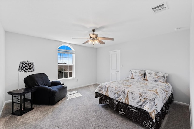 bedroom featuring visible vents, baseboards, carpet, and ceiling fan