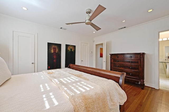 bedroom with visible vents, recessed lighting, wood-type flooring, and ornamental molding