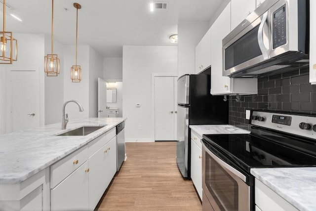 kitchen featuring visible vents, a sink, decorative backsplash, stainless steel appliances, and white cabinets