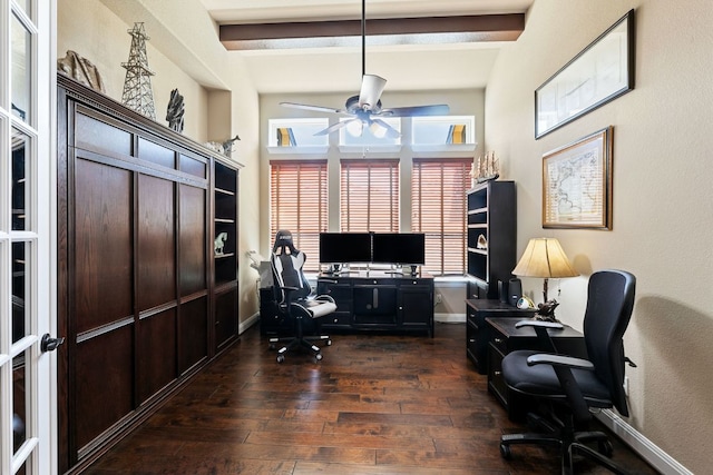 office with baseboards, beam ceiling, dark wood finished floors, and a ceiling fan