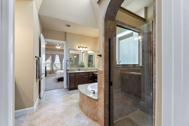 full bath with vanity, visible vents, ensuite bath, ceiling fan, and a shower stall