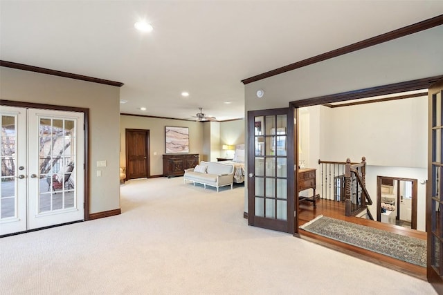 12027 Pleasant Panorama Vw, Austin, TX 78738 - hall featuring french doors, ornamental molding, carpet flooring, recessed lighting, and an upstairs landing