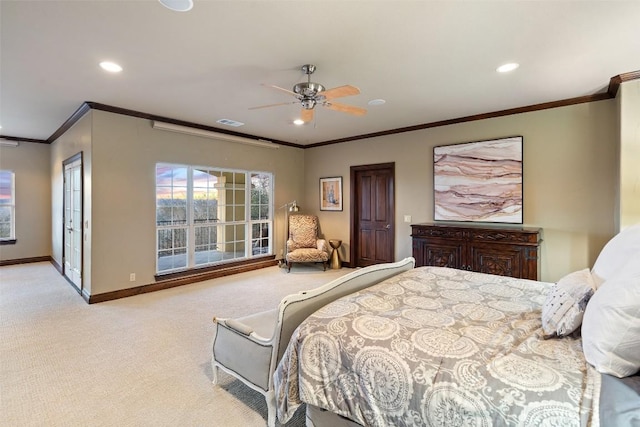 bedroom featuring visible vents, carpet, baseboards, ornamental molding, and recessed lighting