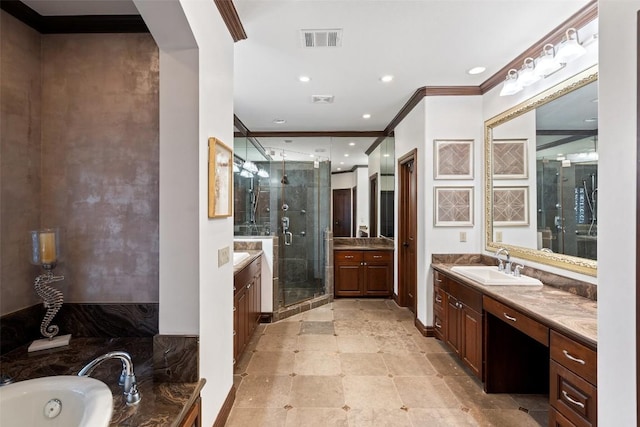 12027 Pleasant Panorama Vw, Austin, TX 78738 - bathroom with crown molding, two vanities, a stall shower, a whirlpool tub, and recessed lighting