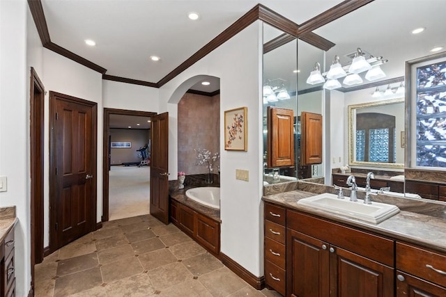 bathroom with recessed lighting, vanity, a bath, and crown molding