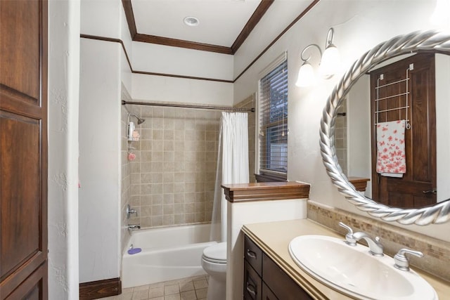 bathroom featuring toilet, ornamental molding, tile patterned floors, shower / bath combination with curtain, and vanity