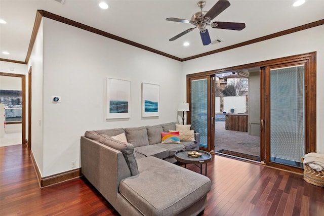 12027 Pleasant Panorama Vw, Austin, TX 78738 - living area featuring ornamental molding, dark wood-type flooring, a ceiling fan, and recessed lighting