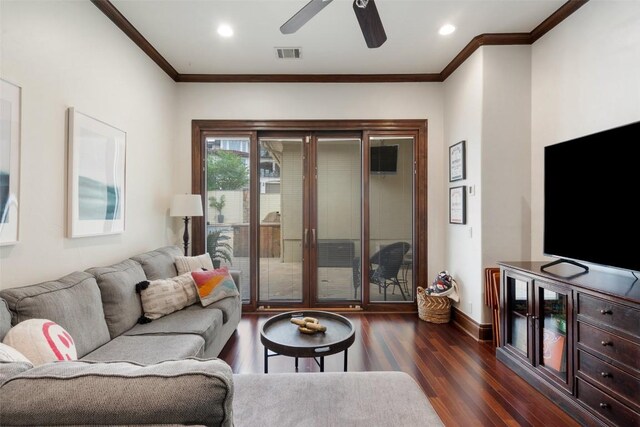 12027 Pleasant Panorama Vw, Austin, TX 78738 - living room with crown molding, a ceiling fan, dark wood-style floors, and recessed lighting
