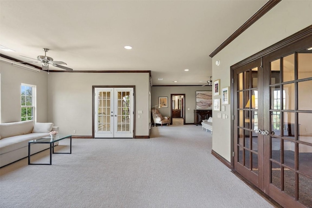 12027 Pleasant Panorama Vw, Austin, TX 78738 - living area featuring french doors, ornamental molding, carpet, recessed lighting, and ceiling fan