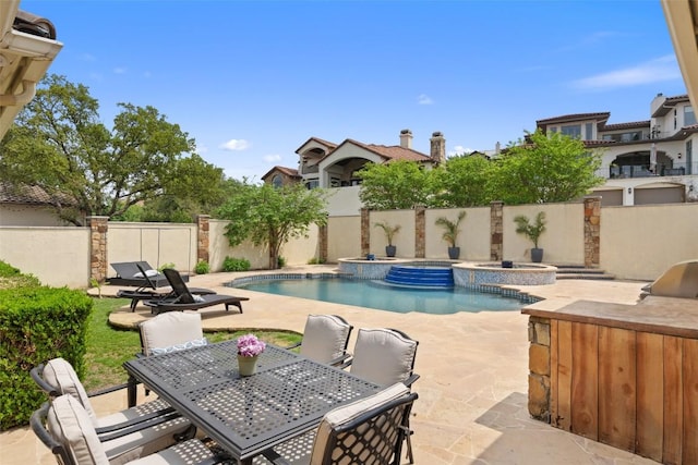 12027 Pleasant Panorama Vw, Austin, TX 78738 - view of pool with a fenced backyard, a patio area, outdoor dining area, and a pool with connected hot tub