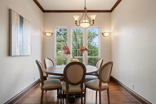 12027 Pleasant Panorama Vw, Austin, TX 78738 - dining room featuring a chandelier, dark wood-type flooring, and crown molding
