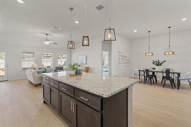 kitchen featuring dark brown cabinets, light wood-style floors, and visible vents