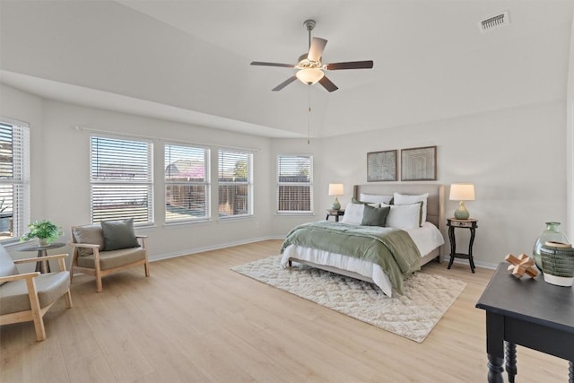 bedroom with visible vents, baseboards, light wood-style floors, and a ceiling fan