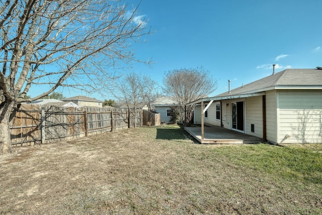 view of yard featuring a fenced backyard and a wooden deck