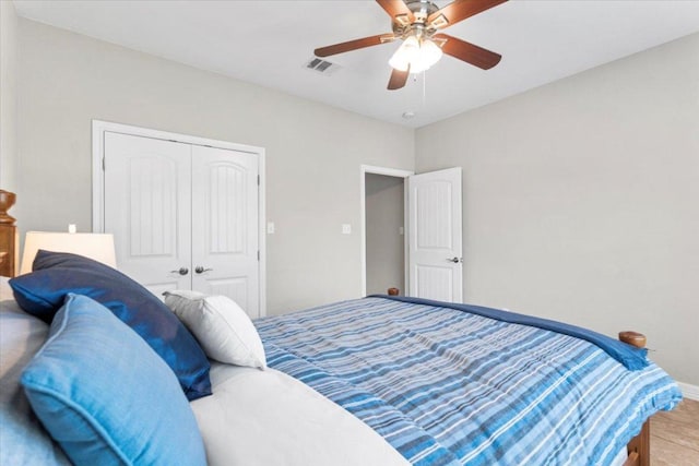 bedroom featuring visible vents, a closet, and ceiling fan