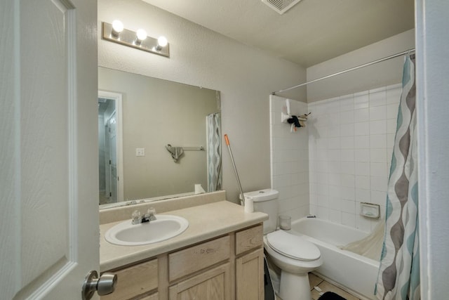 bathroom with vanity, toilet, shower / bathtub combination with curtain, and visible vents