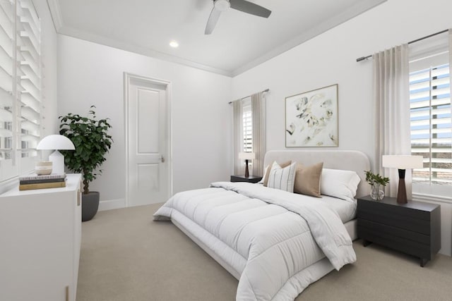 bedroom with a ceiling fan, baseboards, recessed lighting, ornamental molding, and light carpet