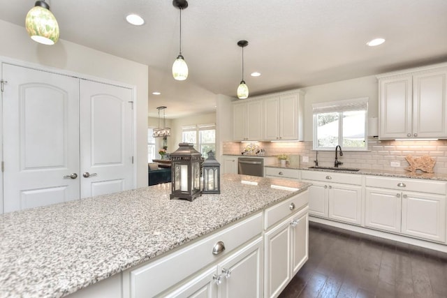 kitchen featuring backsplash, dark wood-style flooring, a sink, stainless steel dishwasher, and a wealth of natural light