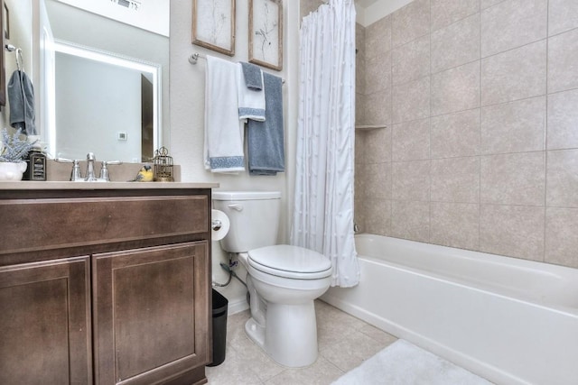 bathroom with tile patterned flooring, visible vents, toilet, shower / tub combo with curtain, and vanity