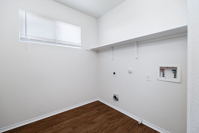 laundry room with hookup for an electric dryer, gas dryer hookup, dark wood finished floors, laundry area, and washer hookup