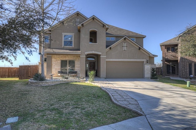 traditional home with fence, stone siding, driveway, and stucco siding