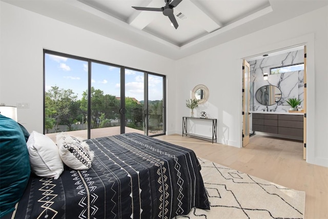 bedroom with access to outside, coffered ceiling, baseboards, and wood finished floors