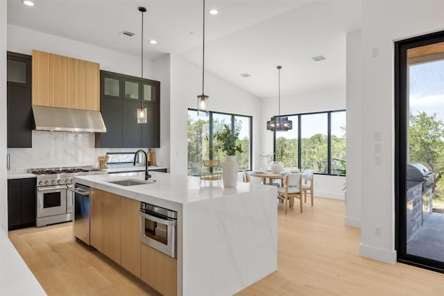 8112 Kuhn Dr, Austin, TX 78736 - kitchen featuring modern cabinets, stainless steel appliances, ventilation hood, tasteful backsplash, and recessed lighting