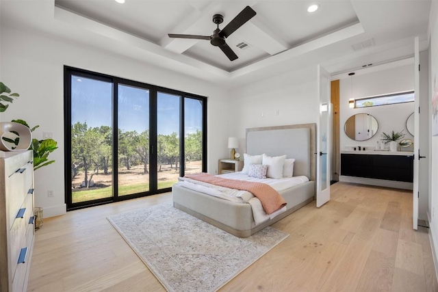 8112 Kuhn Dr, Austin, TX 78736 - bedroom featuring access to outside, coffered ceiling, light wood-type flooring, recessed lighting, and ensuite bathroom