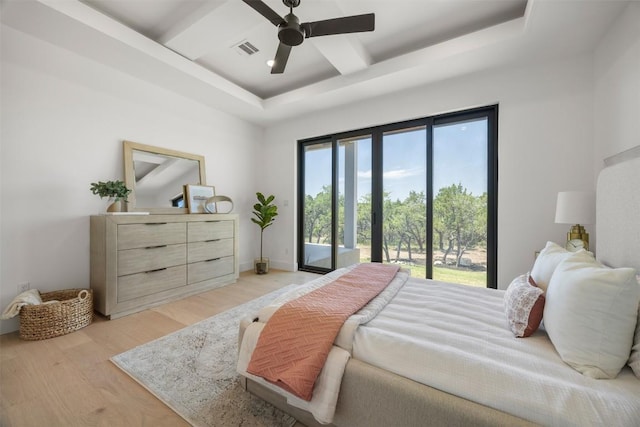 8112 Kuhn Dr, Austin, TX 78736 - bedroom with access to exterior, coffered ceiling, light wood-style flooring, beam ceiling, and a ceiling fan