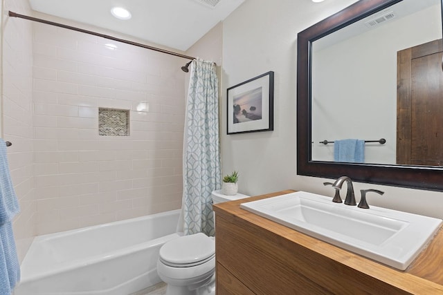 bathroom featuring visible vents, toilet, recessed lighting, vanity, and shower / bathtub combination with curtain