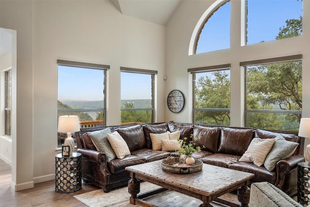 living room with baseboards, high vaulted ceiling, and light wood-style flooring