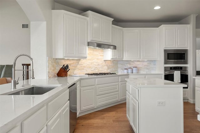 kitchen with light wood finished floors, visible vents, under cabinet range hood, stainless steel appliances, and a sink