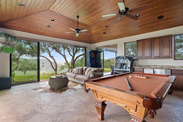 game room featuring pool table, wooden ceiling, high vaulted ceiling, and ceiling fan