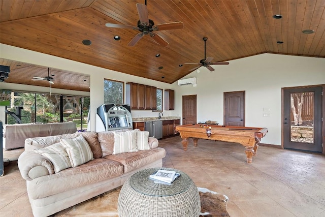 living room with pool table, a ceiling fan, a wall mounted air conditioner, and high vaulted ceiling