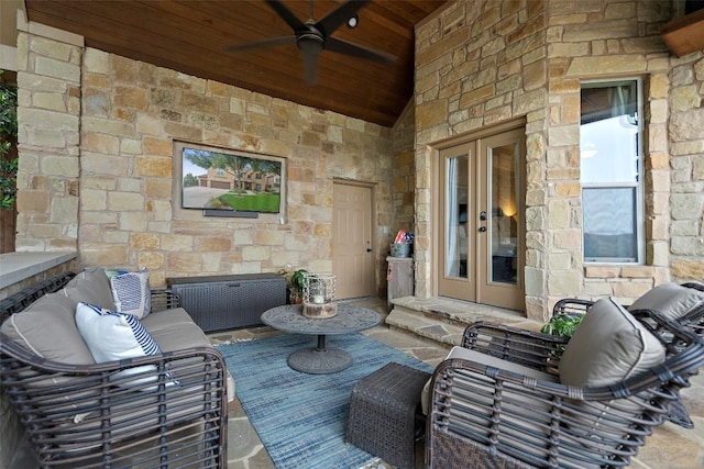 view of patio with french doors, outdoor lounge area, and a ceiling fan