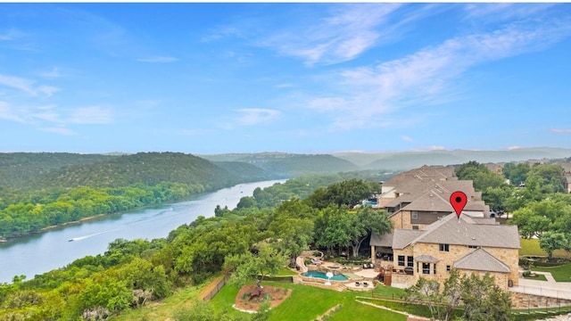 bird's eye view featuring a water and mountain view